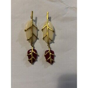 Gold Tone Leaf Dangle Drop Earrings Hook Closure White & Red Drops 5 in